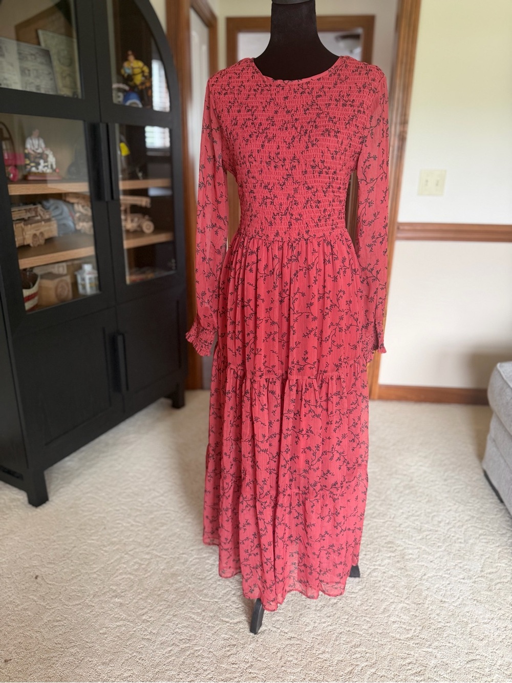 Böhme Smocked Tiered Maxi Dress Small Floral Long Sleeve Boho Cottagecore NWT